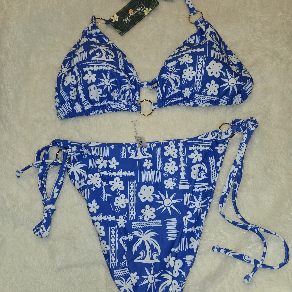 Blue and White Nautical Bikini Set with Tie Straps